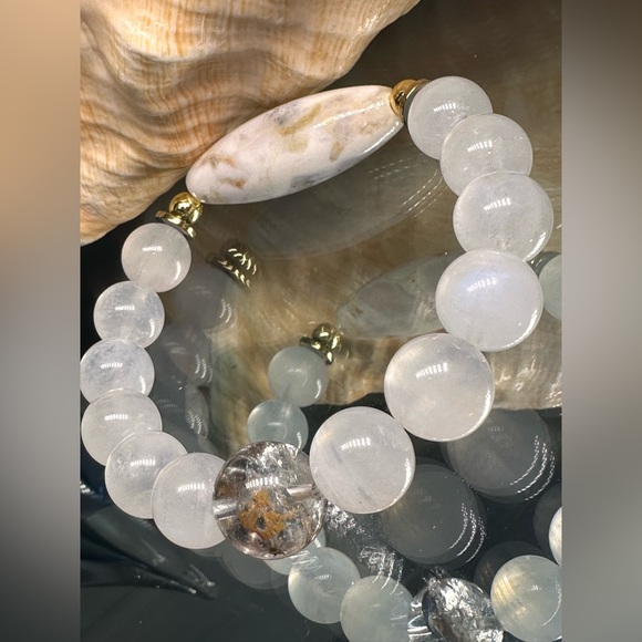 MOONSTONE + DENDRITIC AGATE + PHANTOM NATURAL BRACELET SIZE 7” - Picture 7 of 15